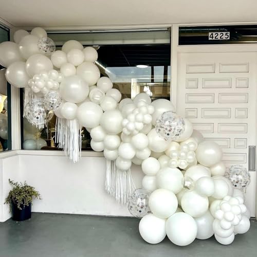 Image of White Balloons, 12 Inch Pearl Pure White Ivory Latex Balloon with Silver Confetti Balloons for Boho Birthday Baby Shower Wedding Bachelorette Retirement Valentine's Day Party Decorations