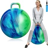 Lewtemi Hopper Ball for Adults, 31Inch Bouncing Ball Hippity with Handle Rubber Hop, Jumping Hopping Exercise with Air Pump for Outdoors Sports Exercise (Blue Green Cloud)