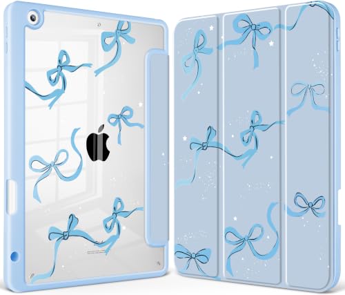 May Chen for iPad 9th Generation with Pencil Holder, iPad 8th/7th Gen Case 10.2-inch, [Penceil Holder] Trifold Stand Auto Wake/Sleep Clear TPU Protection Back Cover, Blue Bows
