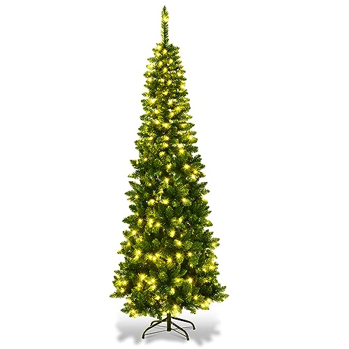COSTWAY Albero di Natale 135/200/225 cm, Albero di Natale Slim con 150/250/350 Luci a LED Calde, 226/708/1085 Rami Folti e Base di Metallo, Ideale per Casa, Ufficio e Negozio (200 cm)