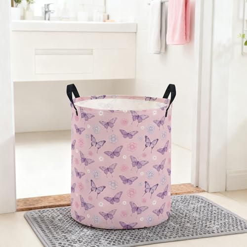Image of ESSME Kids Laundry Basket,Butterfly Hamper Collapsible Canvas Waterproof Storage Bin for Boys, Cute Hamper,Gift Baskets(Pink butterfly)