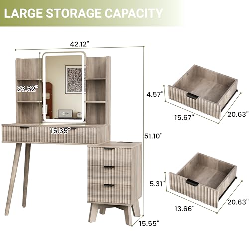 Image of Vanity Desk With HD Lighted Mirror and Lights, Fluted Small Makeup Vanity with Storage Drawers & Shelves, Modern Dressing Table Set with Power Outlet & Glass Table Top for Women Girls Bedroom, Grey