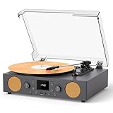 Vinyl Record Player with Speakers, USB Recording Mute Sound, 3 Speed Vintage Turntable with Bluetooth FM Radio RCA Line Out & AXU-in, Grey