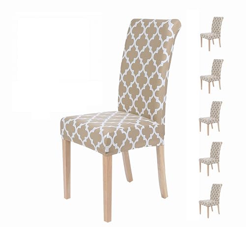 KAV Decor Chair Cover Set of 6 for Dining Table - Stretchable Removable Washable Anti-Slip Universal Fit Printed Polyester Spandex Slipcovers (Beige Diamond)