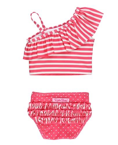 Image of RuffleButts Girls UPF50+ Sun Protection One Shoulder Ruffle Tankini Two Piece Swimsuit