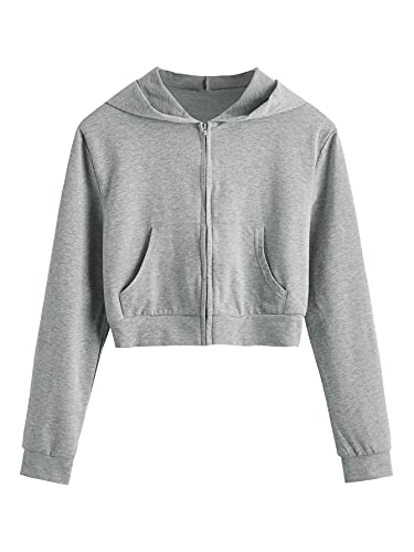 Verdusa Women s Zip Up Outerwear Long Sleeve Crop Top Hooded Sweatshirt Heather Grey S