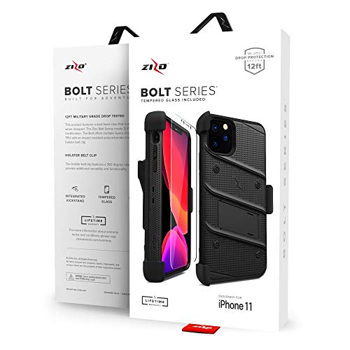 Zizo Bolt Series Iphone 11 Pro Case - Heavy-Duty Military-Grade Drop Protection W/ Kickstand Included Belt Clip Holster Tempered Glass Lanyard - Black #TOP6