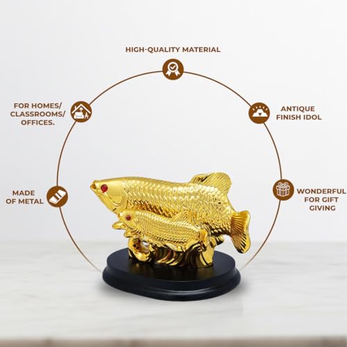 Image of Feng Shui Golden Arowana Fish with Baby Statue for Luck, Wealth & Prosperity | Crystal Polyresin Arowana Showpiece for Home, Office, Shop & Cash Counter Decor