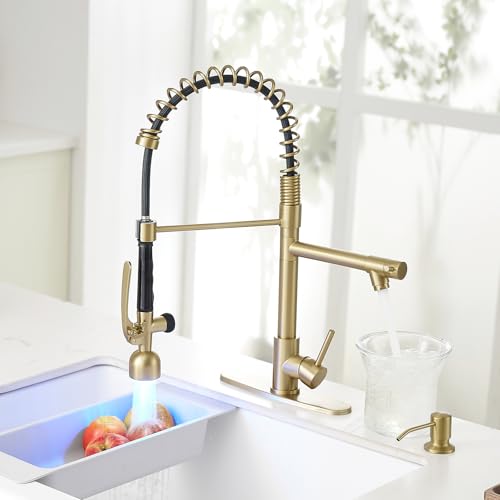 Image of Fapully Commercial Kitchen Faucets with Pull Down Sprayer Brushed Gold LED