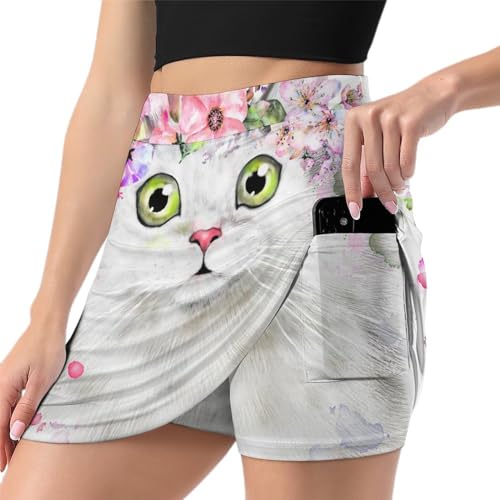 Jupe de tennis anti-frottement femme motif chat persan avec poche intégrée