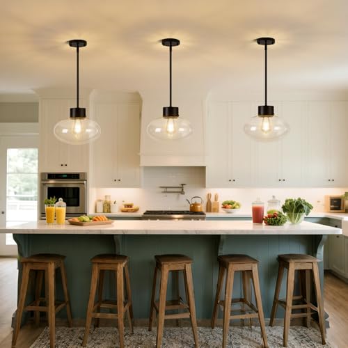 Osimir Large Globe Glass Pendant Lights, 12" Modern Black Pendant Lights Kitchen Island with Clear Glass and Rods, Farmhouse Hanging Lighting for Kitchen Dining Room Entryway, OS-JJ1513-1PLBK by Osimir - Used condition - Image 5