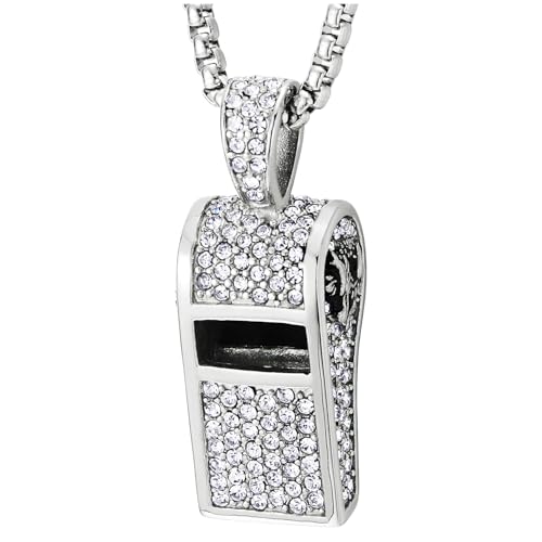 Pendentif sifflet homme iced out collier acier inoxydable maille blé 60cm zircones cubiques