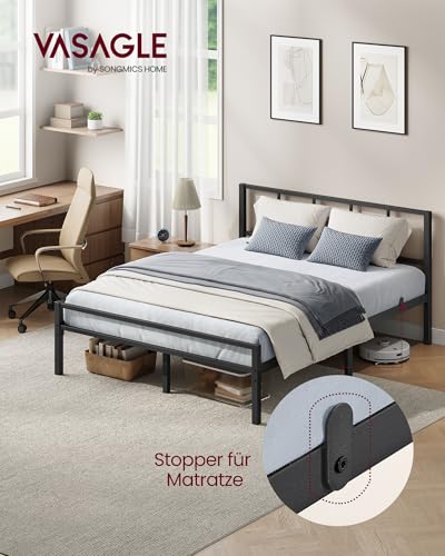 VASAGLE Doppelbettgestell, 140 x 200 cm, Bettrahmen mit Lattenrost, Kopfteil, Bett, aus Metall, bis 500 kg belastbar, einfache Montage, für Schlafzimmer, tintenschwarz RMB294B101