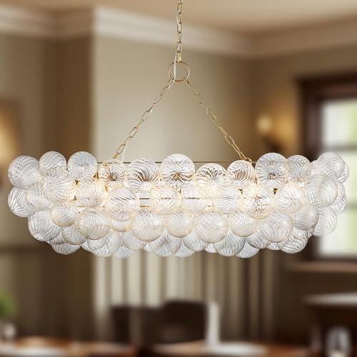 50 Inch Gold Bubble Ball Chandelier, 10-Light G9 LED Pendant with Hand-Blown Swirled Glass Globes, Modern Mid-Century Cluster Ceiling Fixture Ideal for Dining Room, Living Room, Kitchen Island