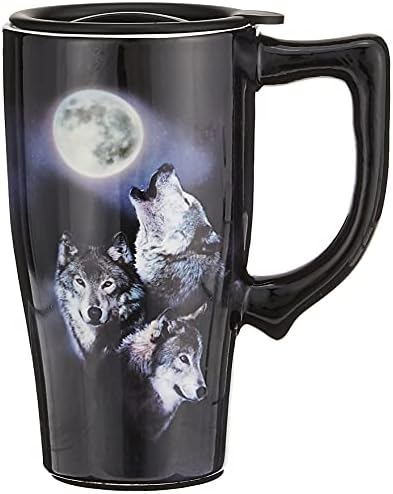 Spoontiques - Ceramic Travel Mugs - Wolves Moon Cup - Hot or Cold Beverages - Gift for Coffee Lovers