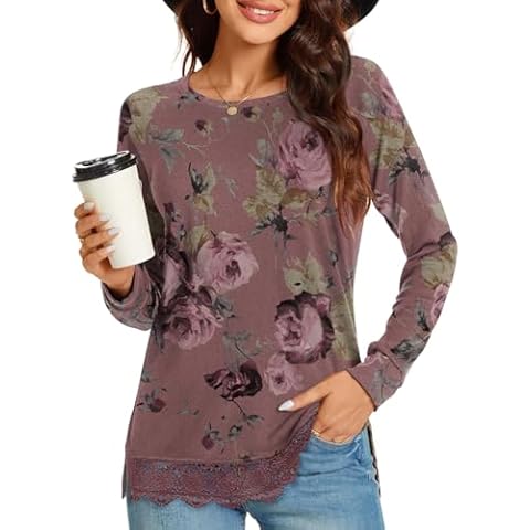 TAOHUADAO Women's 2024 Fall Casual Long Sleeve T-Shirt Side Split Lace Hem Tunic Tops for Leggings Loose Crewneck Sweater Large, Bean-rose Red Cover