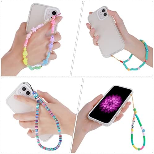 Sibba 6 Pieces Beaded Phone Charm Mobile Lanyard Anti-Lost Key Chain Wristlet Bracelet Rainbow Smiling Face Fruit Star Letters Wrist Strap