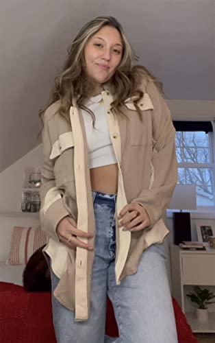 Image of Womens Corduroy Button Down Shirts Color Block Long Sleeve Blouses Tops Jackets