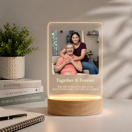 Image of Giftplease Fathers Day Personalized Rectangle Acrylic LED Frame - Custom Single Square Photo Wood Stand Tabletop Showcase with Inspiring Quote For Grandpa Birthday, Dad, Stepdad, Birthday