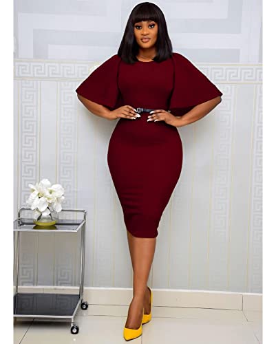 Image of Memoriesea Women's Basic Bodycon Ruffle Flared Short Sleeve Pencil Midi Dress