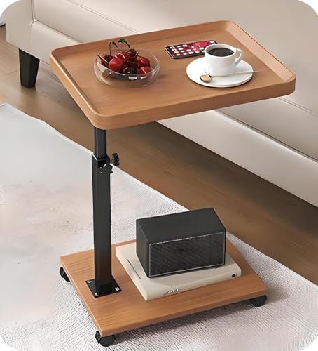 WoRefCra 昇降式 サイドテーブル キャスター付き 幅40×奥行30×高さ45-80cm ベッドサイド テーブル 木目調 C字型 簡易テーブル 小型 省スペース 移動便利 茶色