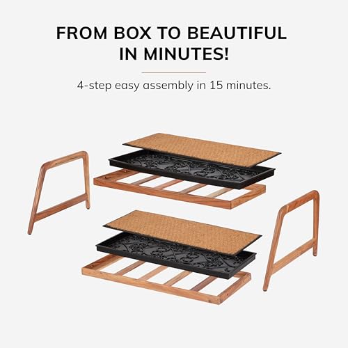 Anji Mountain Heavy Duty Waterproof Wooden Shoe Storage Mat Organizer/Boot Storage Tray Multi Use for Entryway with Coir, Tan Cross Embossed Insert, 2 Tier, Fits 6 Pair (36.5" Wide) by Anji Mountain - Image 6