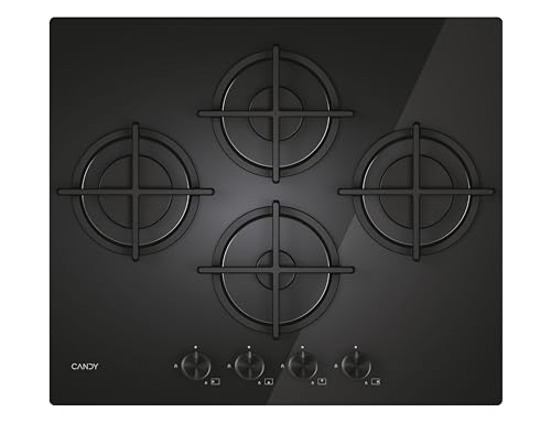 Candy Moderna CSG6DPB, Placa Gas, Cristal Templado, 4 Fuegos, 60CM, Gas Natural adaptable a Gas Butano, 8,15KW,Mandos Centrales, 4 Rejillas aptas para lavavajillas, Válvula Seguridad Sicurflame,Negro