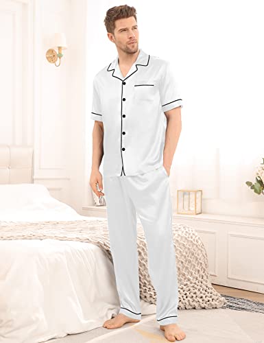 Image of SWOMOG Mens Satin Pajama Set Short Sleeve Classic Sleepwear Button Down Silky Loungewear with Long Pants