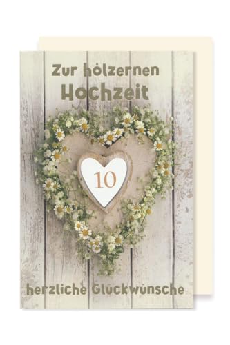 Tarjeta de felicitación de boda de madera, corona de flores, corazón, 16 x 11 cm