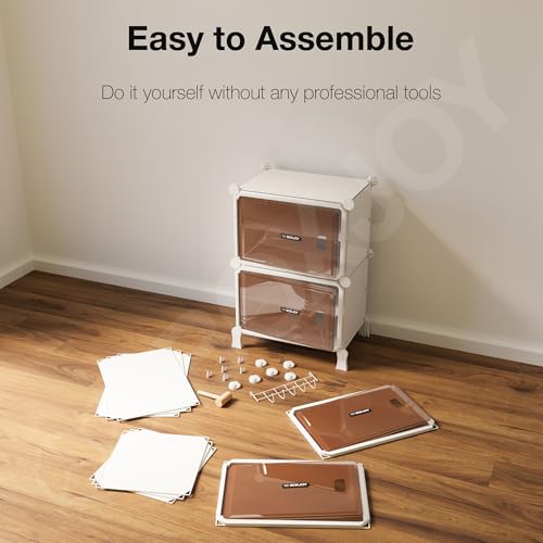 Image of BOXJOY 8 Shelf White Shoe Rack for Home with 4 Brown Doors, Hard PET Plastic with Metal Door Frame, Shoe Chappal Slipper Sandals Stand