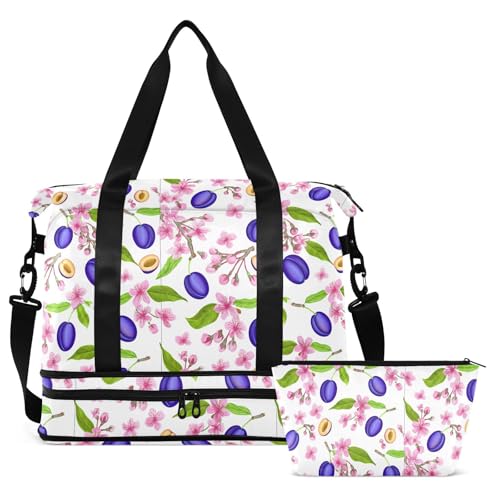 Blossom Fruit White Travel Duffel Bag for Women Men Gym Bag with Shoe Compartment Wet Pocket Carry On Weekender Overnight Bags for Travel Gym Yoga School