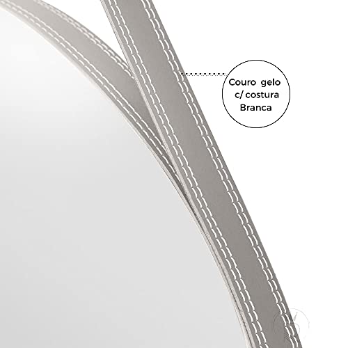 Espelho Tipo Adnet Redondo 60cm Diâmetro C/ Alça Couro Gelo