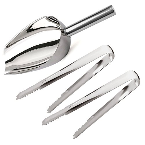 LINPOZONE Ice Scoop and Ice Tongs (3 Pack), Stainless Steel Serving Tongs and Food Scoop for Ice Bucket, Bar, Kitchen, Tea Party and Wedding