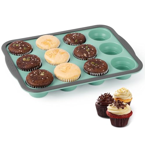 Alaoo Stampo per Muffin in Silicone, 31x22.2x3cm, Standard Teglia Muffin, 12 Stampi Muffin, Antiaderente, Adatto per Muffin, Cupcake, Brownies e Budini(Blu-Verde)