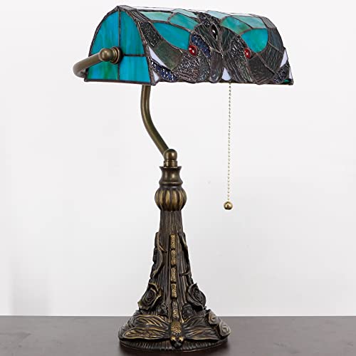 Rhlamps Banker Lamp Tiffany Desk Lamp Victorian Style Green Stained Glass Table Lamp, 15" Tall Luxury Memory Adjustable Piano Lamp, Small Accent Lamp For Living Room Bedroom #TOP5