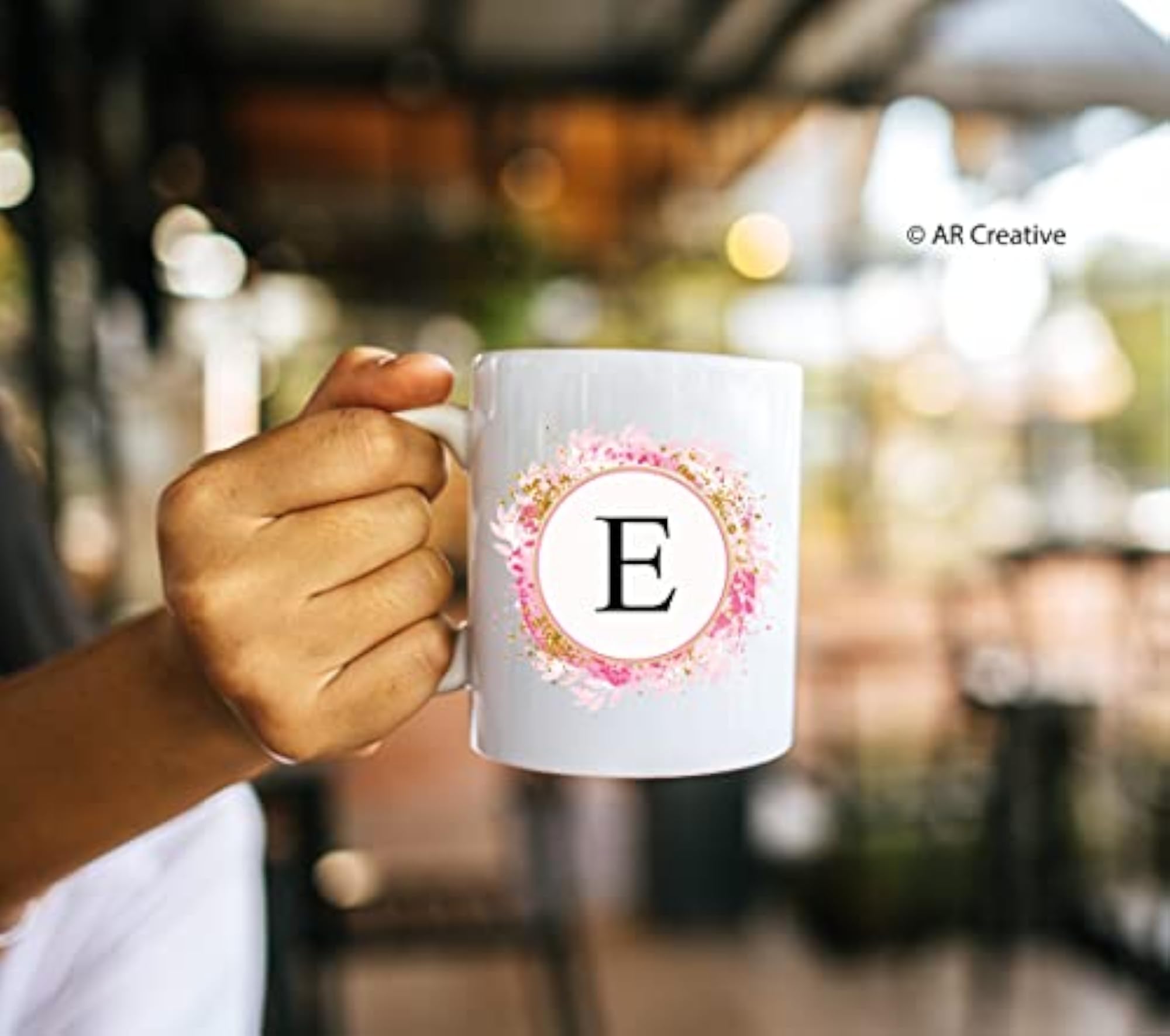 Ceramic Pink Floral Alphabet E Letter Coffee Mug