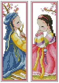 2Pack DIY Blank Canvas Bookmarks Korean Couple Counted Cross Stitch Kits for Adult Kids Beginner Embroidery Crafts Needlework Bookmark for Student Gift 20x6cm