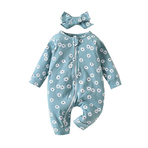 Newborn Baby Girls Outfits Long Sleeve Daisy Romper Jumpsuit One Piece Zip Playsuit Fall Winter Clothes (Blue, 12-18 Months) #TOP22