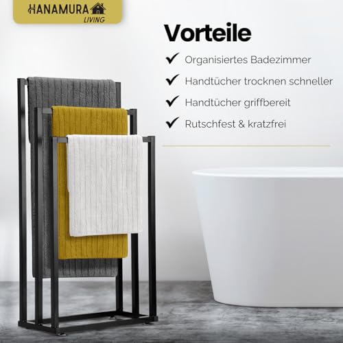 Hanamura Handtuchhalter Stehend – Schwarzer Handtuchständer mit 3 Stangen – Rutschfest & Kratzfrei – Platzsparender Handtuchhalter für das Badezimmer