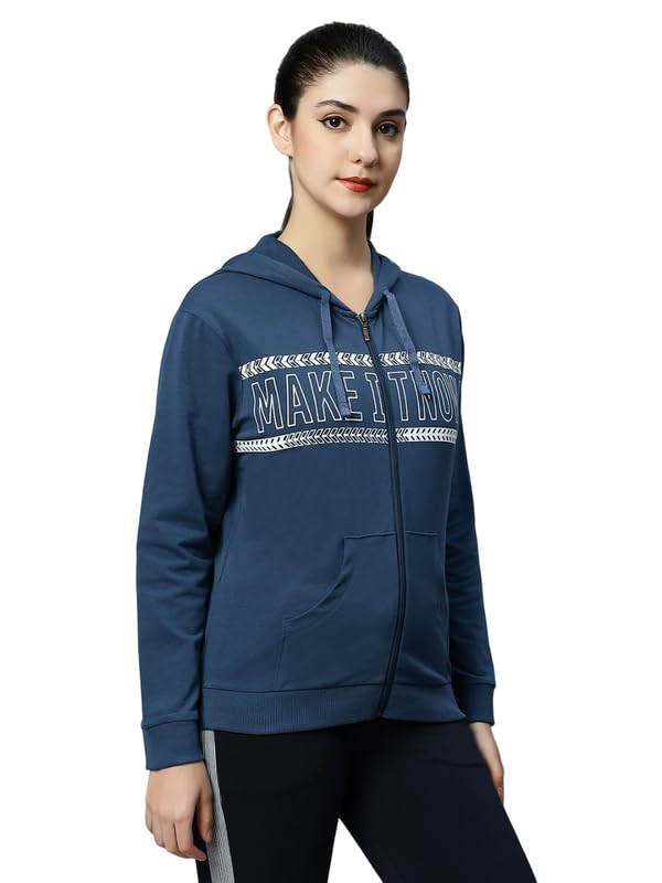 Image of Women's Cotton Printed Steel Blue Jacket with 2 Cross Pockets