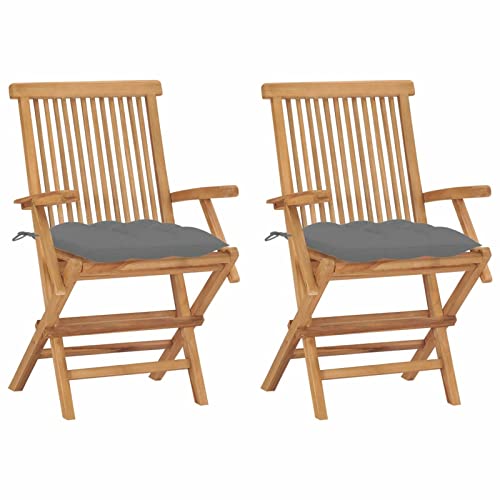 ShGaxin Sillas de jardín 2 uds, Sillas Terraza Exterior, Silla Playa Jardin, Sillas Exterior Jardin, Sillas Balcon, Muebles Jardin Exterior Conjunto, Madera Maciza Teca con Cojines Grises