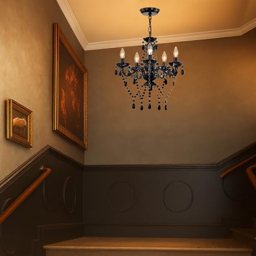 Antique House Black Crystal Chandelier 5-Light Small Modern Hanging Lighting Fixture with Acrylic Crystals, Adjustable Ceiling Light for Bedroom, Girls Room, Dining Room, Foyer, Living Room, Entryway