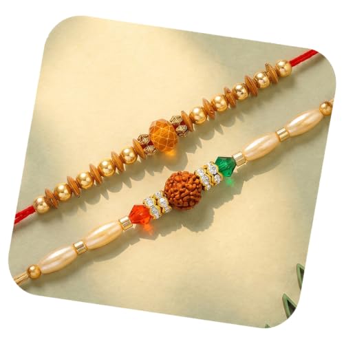 Image of Peora Rakhshabandhan Thread Rakhi for Brother Bhaiya | Kundan Beads & Crystal Studded | Combo Set of 2 | Rakhi Hamper Roli Chawal & Greeting Card