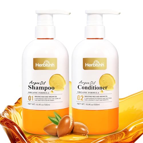Herbishh Argan Oil Shampoo & Conditioner, Deep Cleansing & Promotes Hair Growth, Repairs Dry, Damaged Hair, UV Protection, With Shea Butter, Jojoba, Coconut oil for Frizzy Colored Hair 16.9fl.oz Each