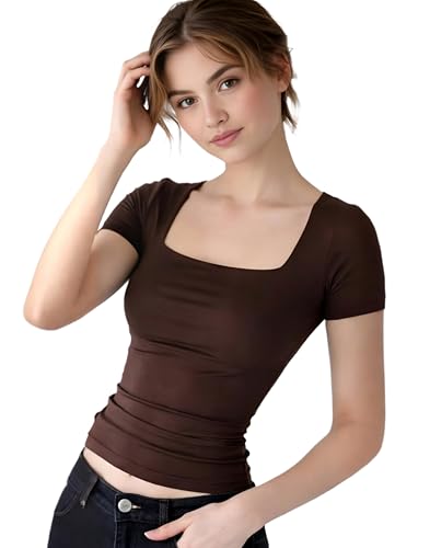 Image of SIGHTBOMB SOFTLINE SQUARE NECK DOUBLE LAYER SHORT SLEEVE MICROFIBER CUDDLE TEE AFFORD LUX EDITION FEATHER TOUCH TOP FOR WOMEN