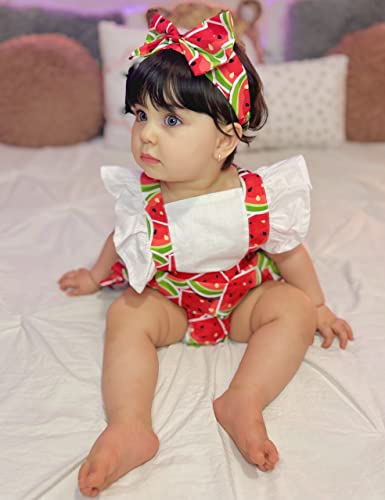 Newborn Baby Girl Outfits Summer Infant Romper Ruffle Sleeve Suspender Jumpsuit Onesies Summer Clothes + Headband Watermelon 3-6 Months #TOP2