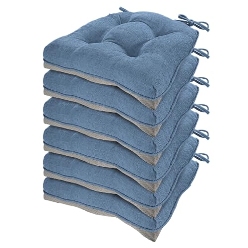 HARBOREST Chair Cushions for Dining Chairs Set of 6 - Chenille Tufted Kitchen Chair Cushions with Ties and Non-Slip Bottom, Foam Chair Pads for Dining Chairs, 17" x 17", Blue by HARBOREST - Used condition - US$49.14