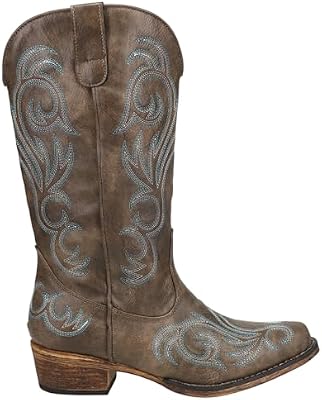 ROPER Women's Riley Embroidered Snip Toe Casual Boots – Mid Calf, Low Heel, Brown, Size 8