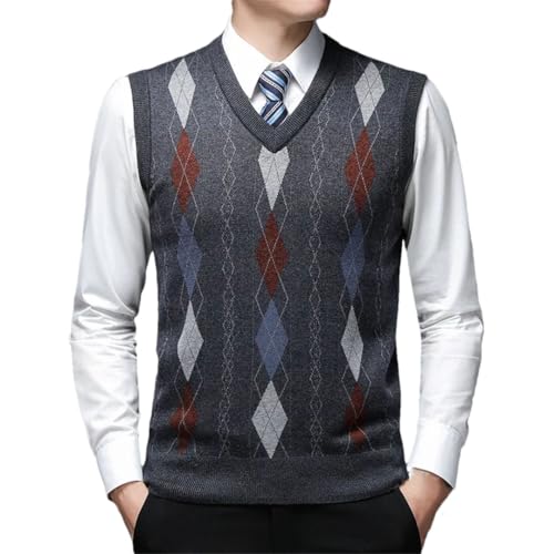 Men V-Neck Pullover Wool Vest Plaid Sleeveless Casual Warm Knit Sweater Waistcoats