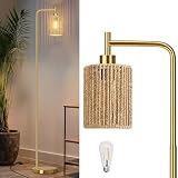 Oneach 66" Gold Floor Lamp for Living Room, Boho Floor Lamp with LED Bulb, Foot Switch, Rattan Shade, Industrial Tall Farmhouse Standing Lamp for Bedroom, Dining Room, Study Room, Office